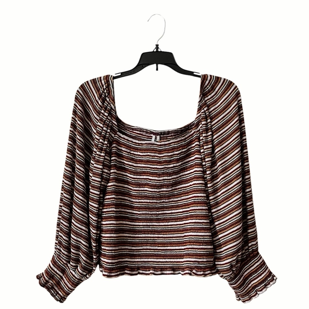 Anthropologie Smocked Puff Sleeved Top Women's Size L Striped Cropped Stretch